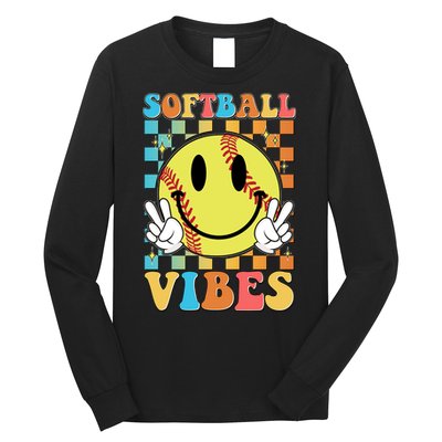 Retro Smiley Emoji Softball Vibes Long Sleeve Shirt