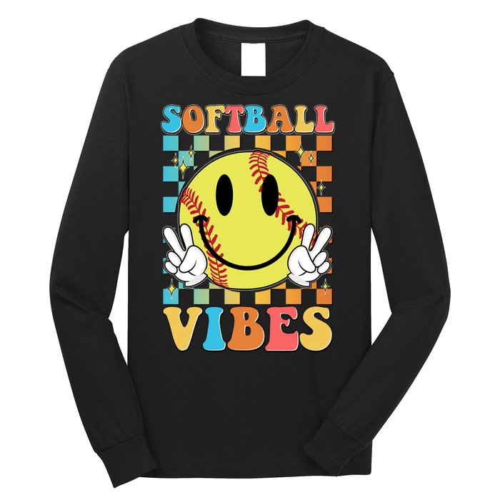 Retro Smiley Emoji Softball Vibes Long Sleeve Shirt