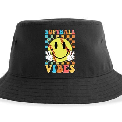 Retro Smiley Emoji Softball Vibes Sustainable Bucket Hat