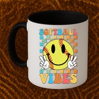 Retro Smiley Emoji Softball Vibes Mug