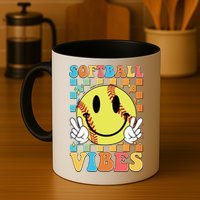 Retro Smiley Emoji Softball Vibes Mug