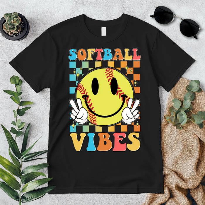 Retro Smiley Emoji Softball Vibes Premium T-Shirt