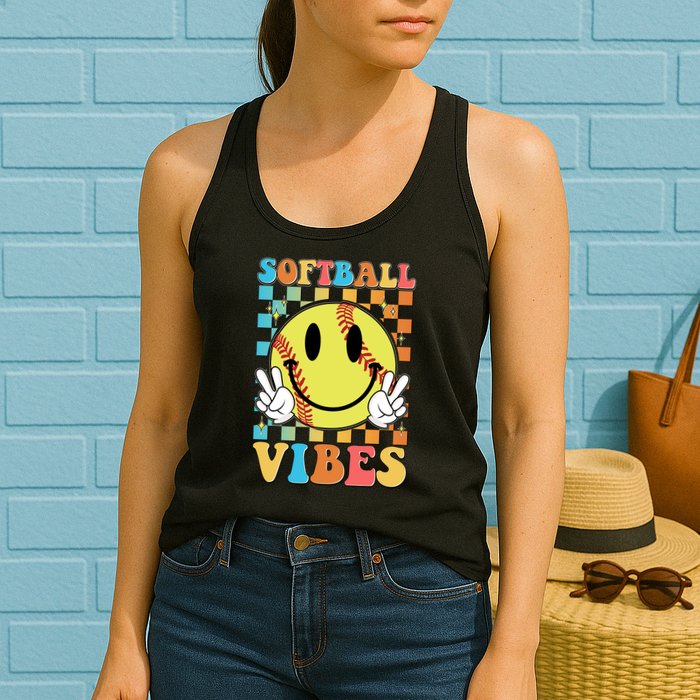 Retro Smiley Emoji Softball Vibes Womens Tank Top