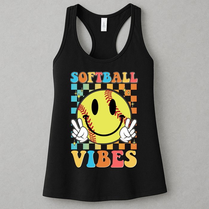Retro Smiley Emoji Softball Vibes Womens Tank Top