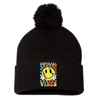 Retro Smiley Emoji Softball Vibes Pom Pom 12in Knit Beanie