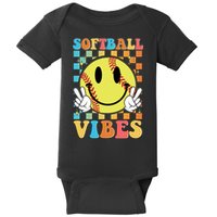 Retro Smiley Emoji Softball Vibes Baby Bodysuit