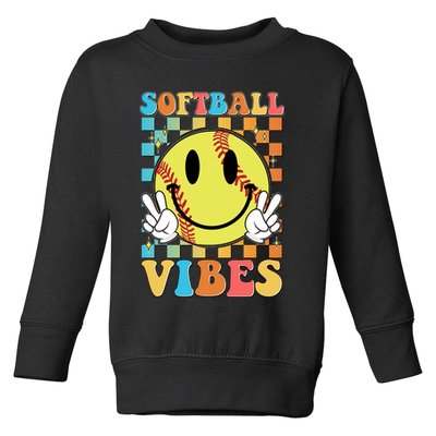 Retro Smiley Emoji Softball Vibes Toddler Sweatshirt