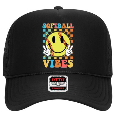 Retro Smiley Emoji Softball Vibes Trucker Hat