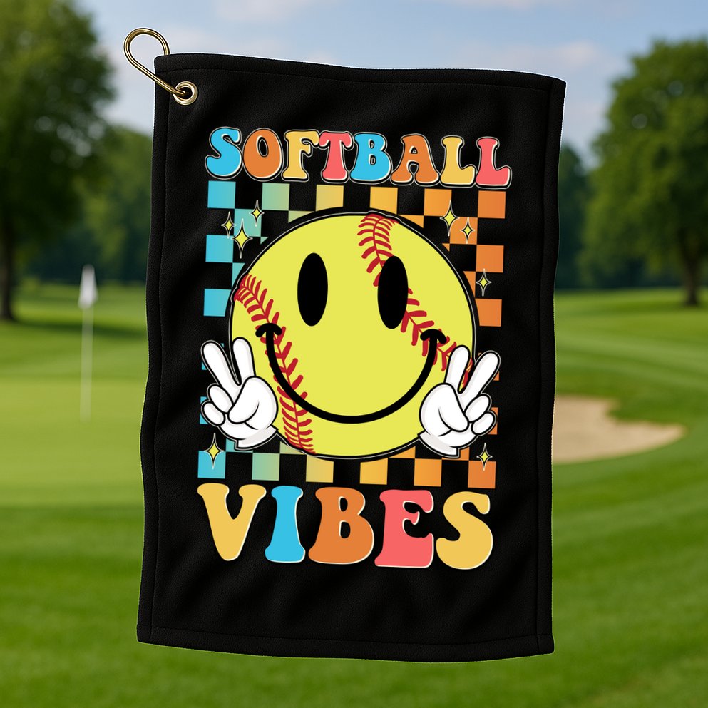 Retro Smiley Emoji Softball Vibes Golf Towel