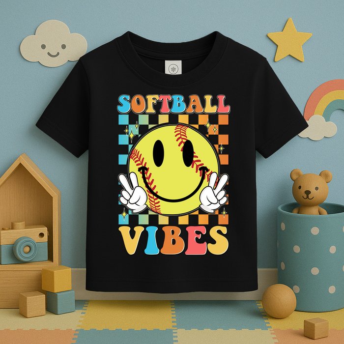 Retro Smiley Emoji Softball Vibes Toddler T-Shirt
