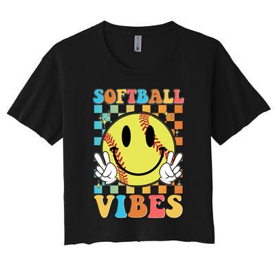 Retro Smiley Emoji Softball Vibes Crop Top