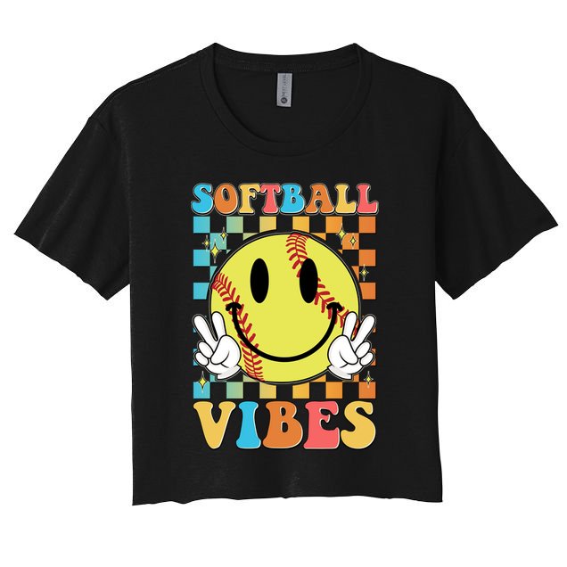 Retro Smiley Emoji Softball Vibes Crop Top