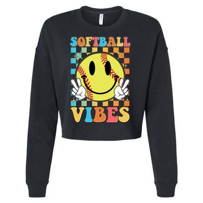 Retro Smiley Emoji Softball Vibes Cropped Pullover Crew