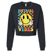 Retro Smiley Emoji Softball Vibes Cropped Pullover Crew