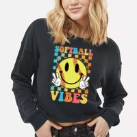 Retro Smiley Emoji Softball Vibes Cropped Pullover Crew