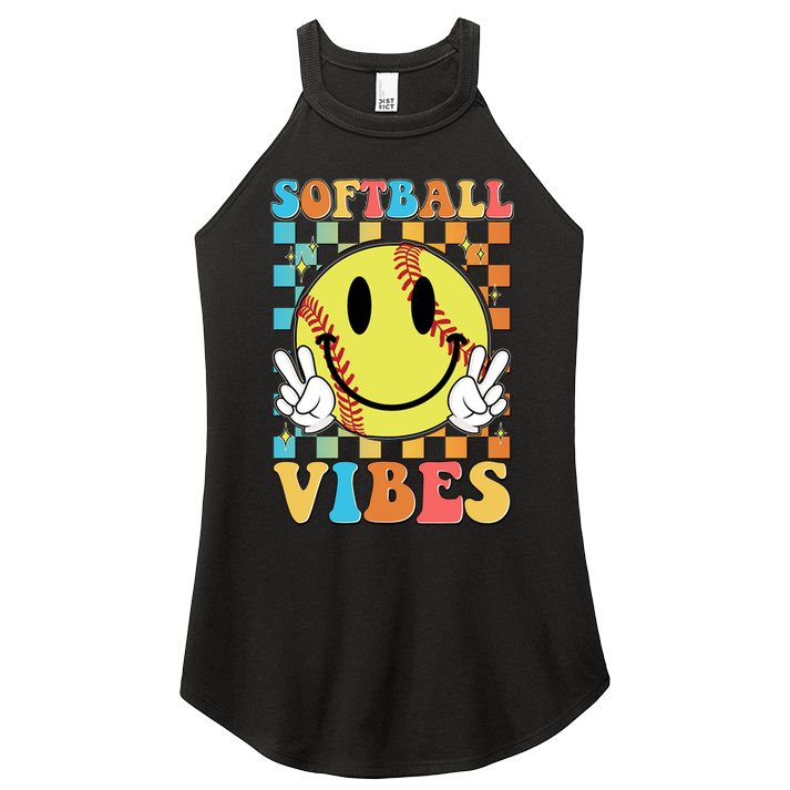 Retro Smiley Emoji Softball Vibes Women's Perfect Tri Rocker Tank