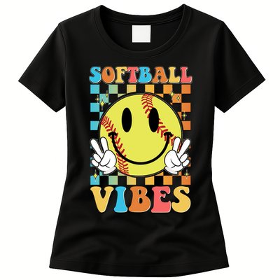 Retro Smiley Emoji Softball Vibes Womens T-Shirt