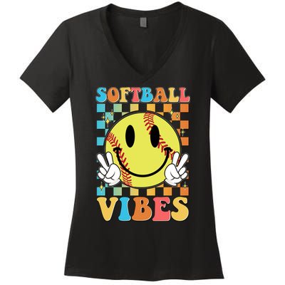 Retro Smiley Emoji Softball Vibes Women's V-Neck T-Shirt