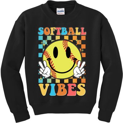 Retro Smiley Emoji Softball Vibes Kids Sweatshirt