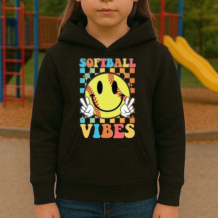 Retro Smiley Emoji Softball Vibes Kids Hoodie