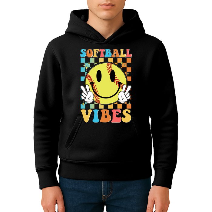 Retro Smiley Emoji Softball Vibes Kids Hoodie