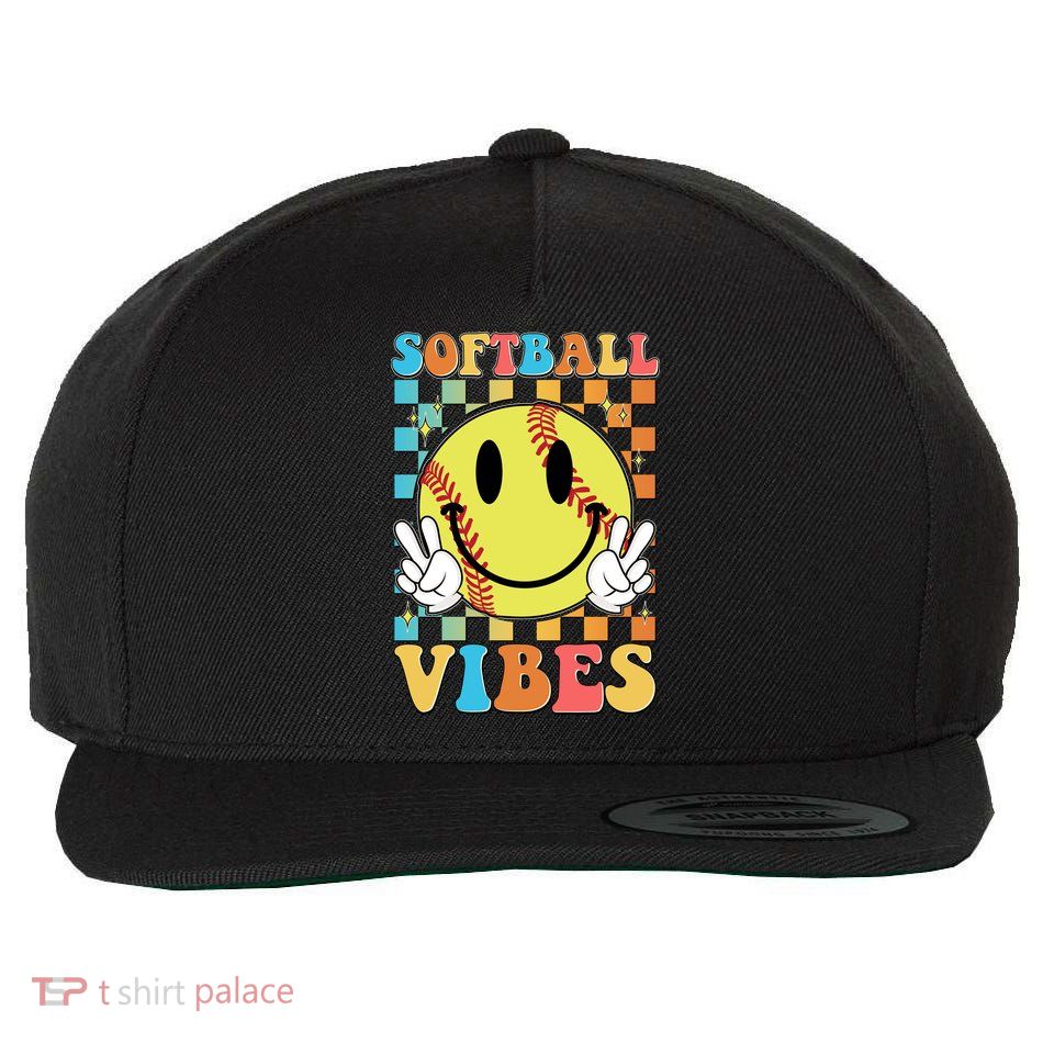 Retro Smiley Emoji Softball Vibes Wool Snapback Cap