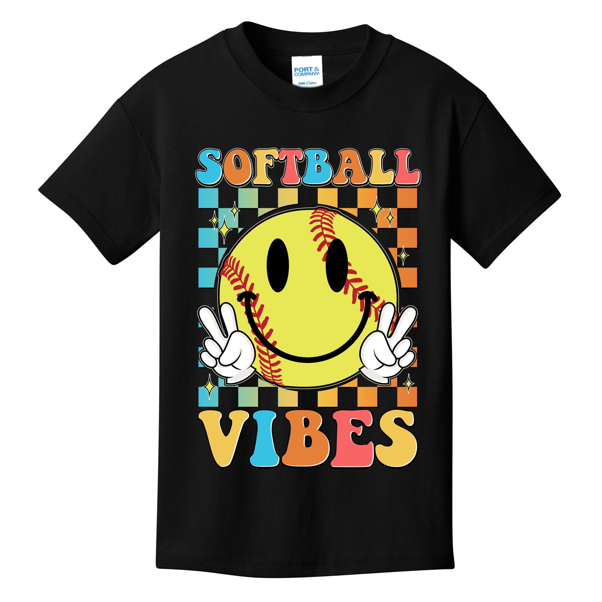 Retro Smiley Emoji Softball Vibes Kids T-Shirt