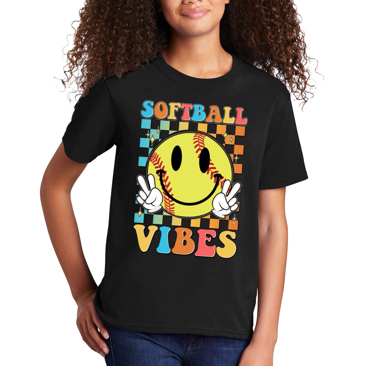 Retro Smiley Emoji Softball Vibes Kids T-Shirt