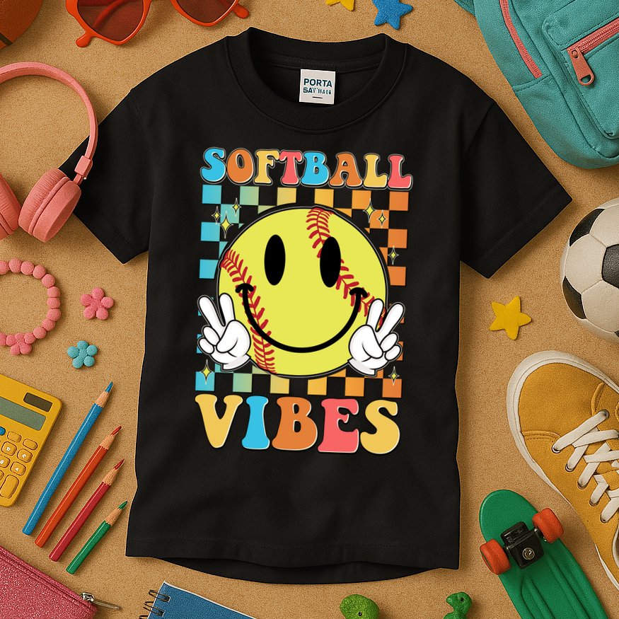 Retro Smiley Emoji Softball Vibes Kids T-Shirt
