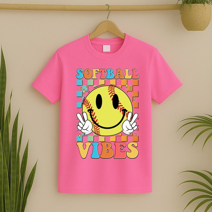 Retro Smiley Emoji Softball Vibes T-Shirt
