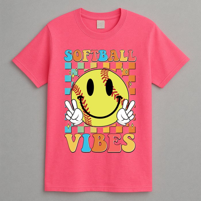 Retro Smiley Emoji Softball Vibes T-Shirt