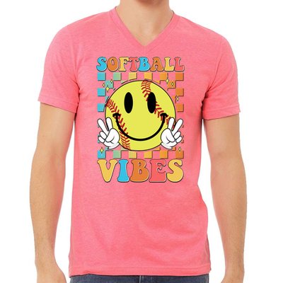 Retro Smiley Emoji Softball Vibes V-Neck T-Shirt