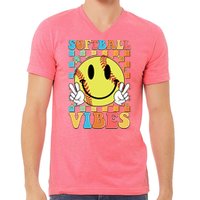 Retro Smiley Emoji Softball Vibes V-Neck T-Shirt