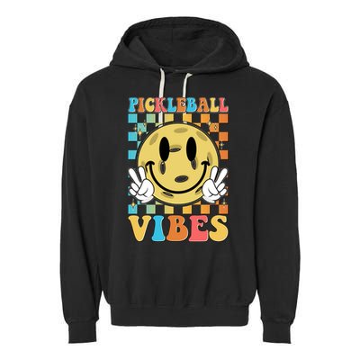 Retro Smiley Emoji Pickleball Vibes Garment-Dyed Fleece Hoodie