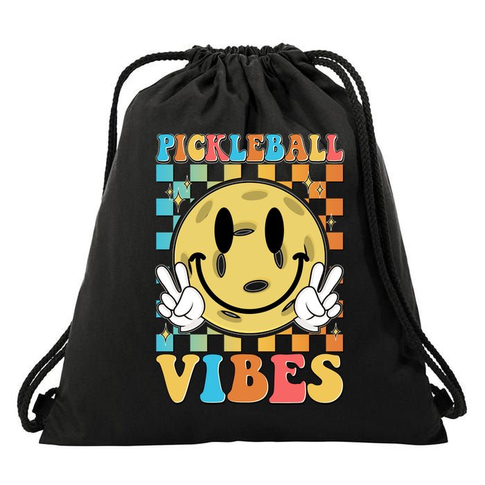 Retro Smiley Emoji Pickleball Vibes Drawstring Bag
