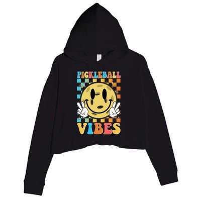 Retro Smiley Emoji Pickleball Vibes Crop Fleece Hoodie