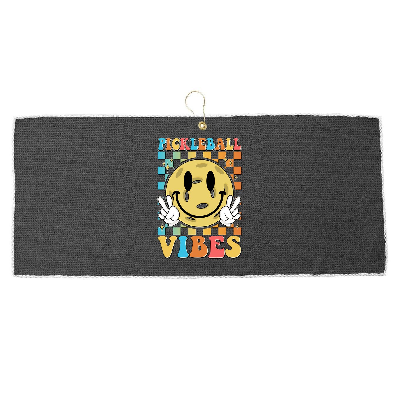 Retro Smiley Emoji Pickleball Vibes Large Microfiber Waffle Golf Towel