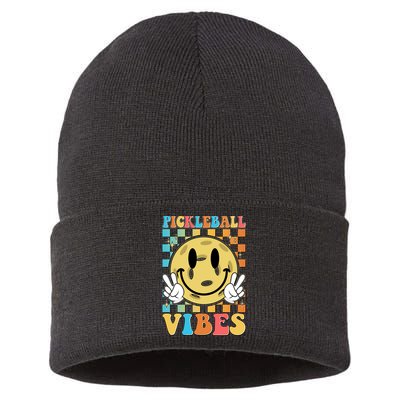 Retro Smiley Emoji Pickleball Vibes Sustainable Knit Beanie