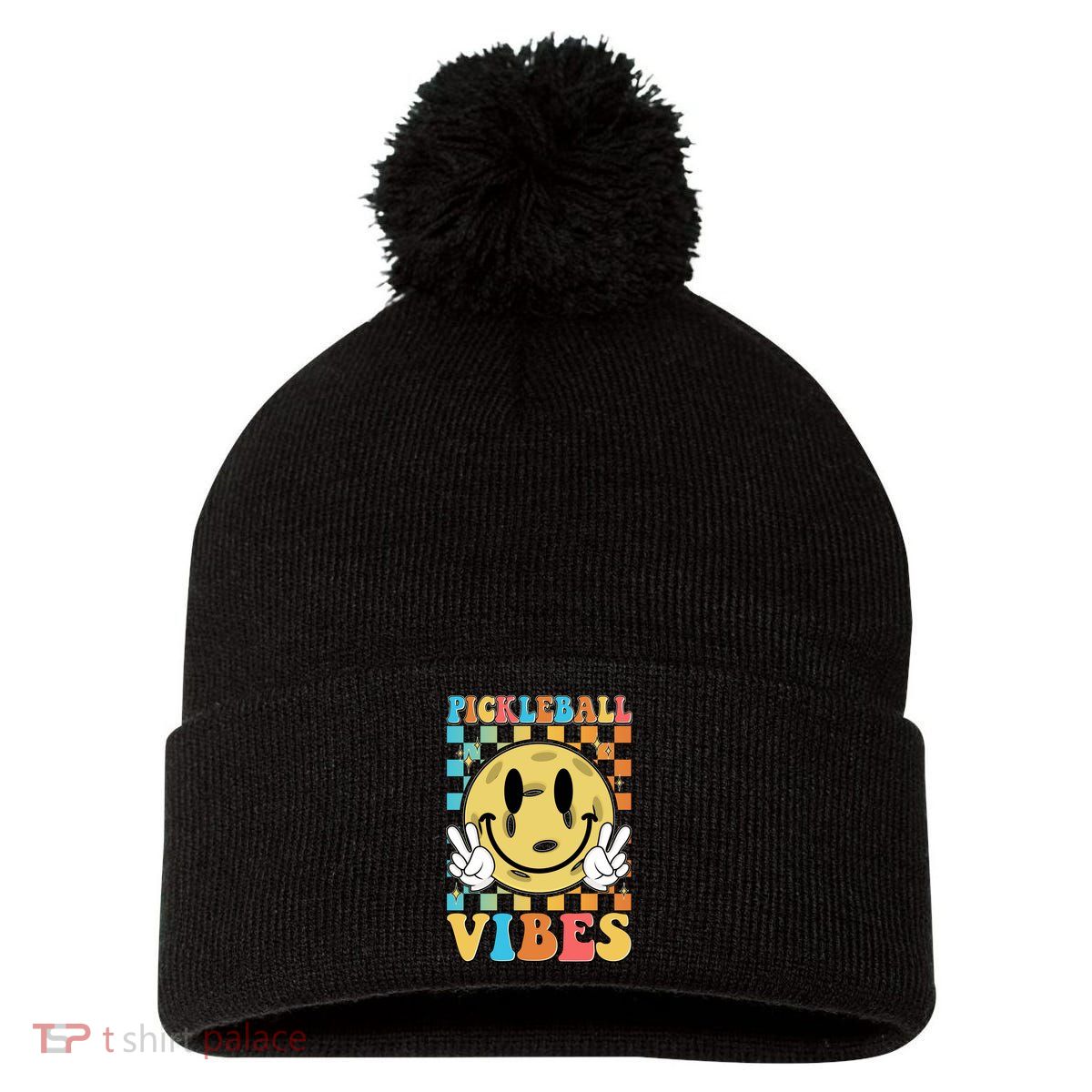 Retro Smiley Emoji Pickleball Vibes Pom Pom 12in Knit Beanie