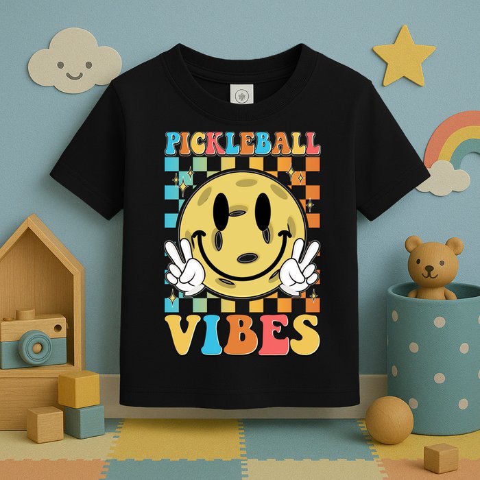 Retro Smiley Emoji Pickleball Vibes Toddler T-Shirt