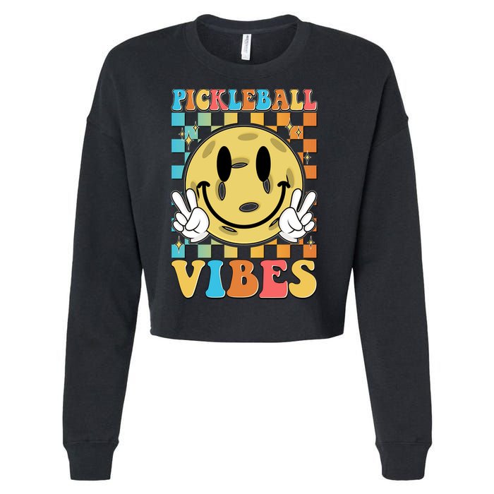 Retro Smiley Emoji Pickleball Vibes Cropped Pullover Crew