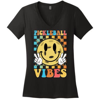 Retro Smiley Emoji Pickleball Vibes Women's V-Neck T-Shirt