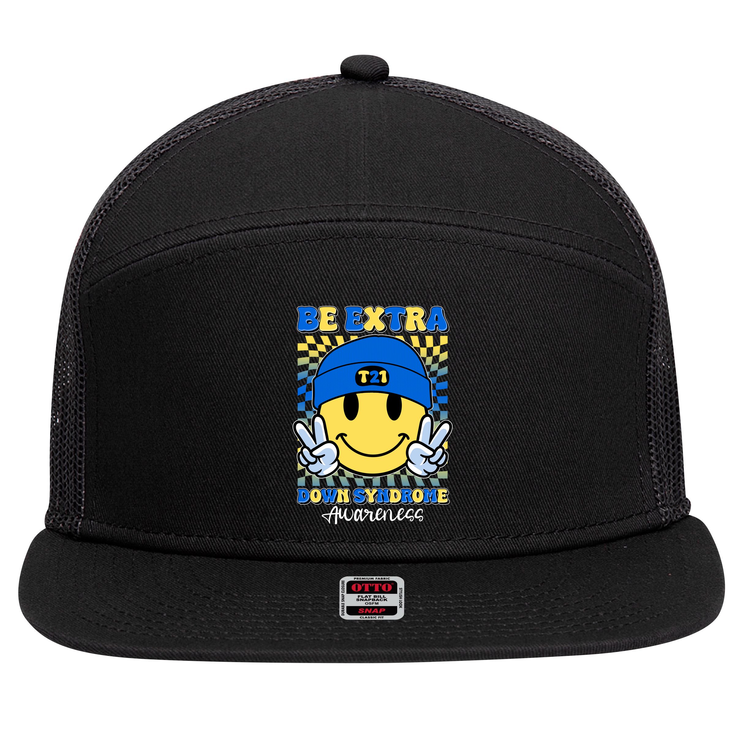 Retro Smiley Emoji Be Extra Down Syndrome Awareness 7 Panel Mesh Trucker Snapback Hat