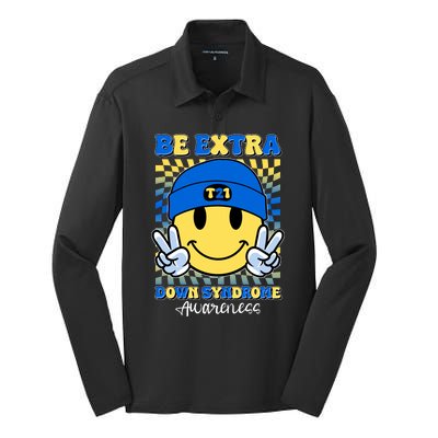 Retro Smiley Emoji Be Extra Down Syndrome Awareness Silk Touch Performance Long Sleeve Polo