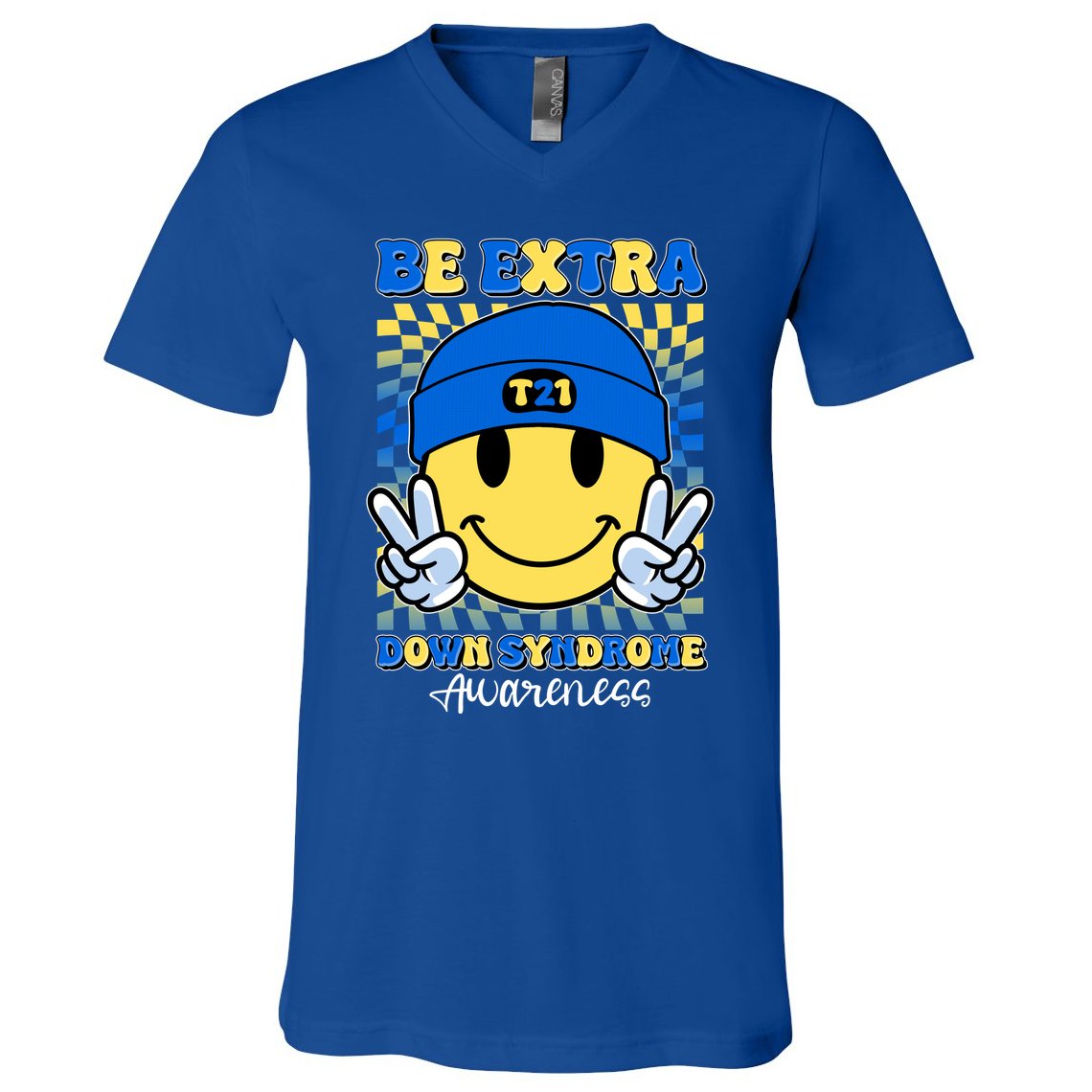 Retro Smiley Emoji Be Extra Down Syndrome Awareness V-Neck T-Shirt