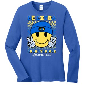 Retro Smiley Emoji Be Extra Down Syndrome Awareness Ladies Long Sleeve Shirt