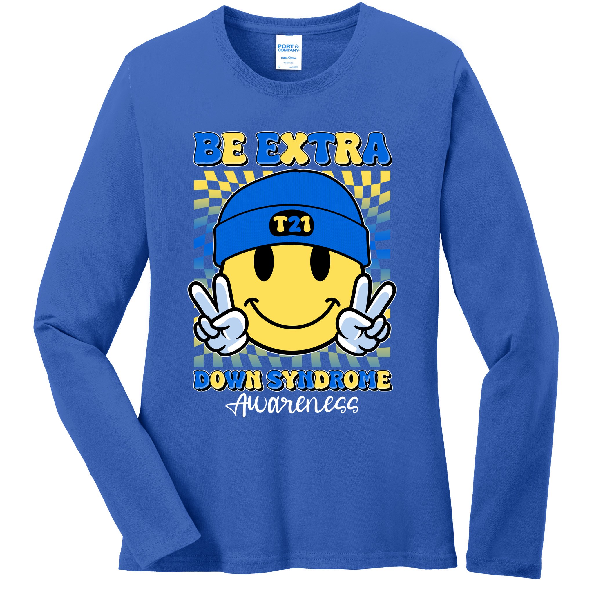 Retro Smiley Emoji Be Extra Down Syndrome Awareness Ladies Long Sleeve Shirt