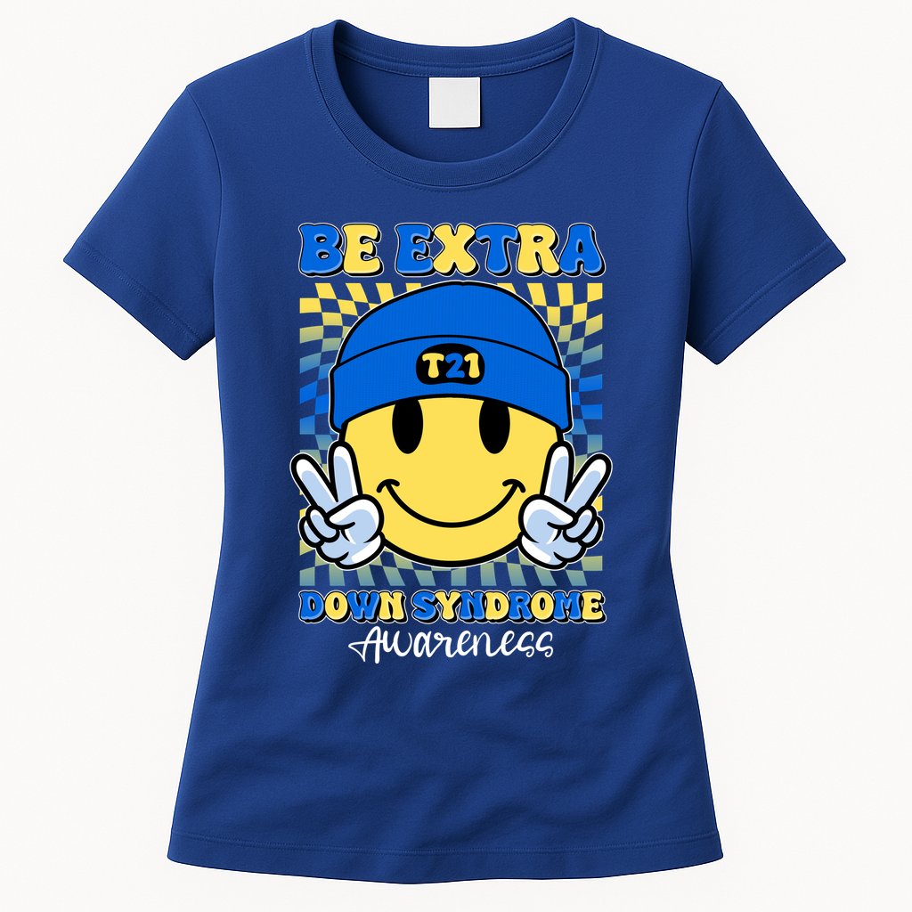 Retro Smiley Emoji Be Extra Down Syndrome Awareness Womens T-Shirt