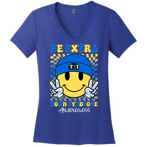 Retro Smiley Emoji Be Extra Down Syndrome Awareness Women's V-Neck T-Shirt