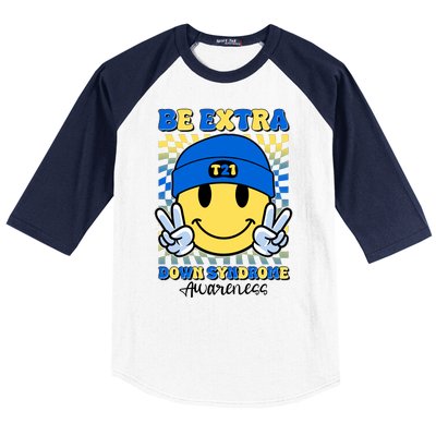 Retro Smiley Emoji Be Extra Down Syndrome Awareness Baseball Sleeve Shirt